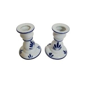 Vintage Blue White Ceramic Candlestick Holders Japan Delft Style Windmill Pair